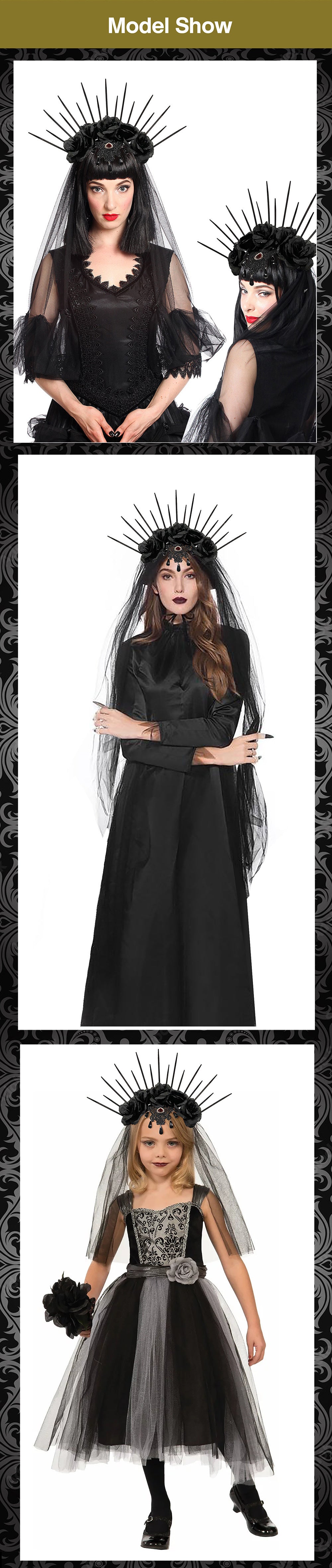 Halloween Wedding Dress Veil Headband Gothic Crown Mesh Black Rose Retro European and American Dress