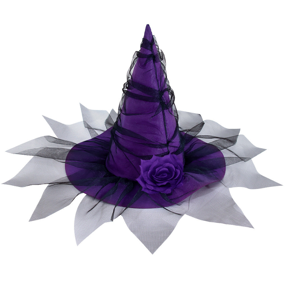 New Halloween Baroque Witch Hat with Mesh and Artificial Flowers, Gothic Queen Cosplay Witch Accessories