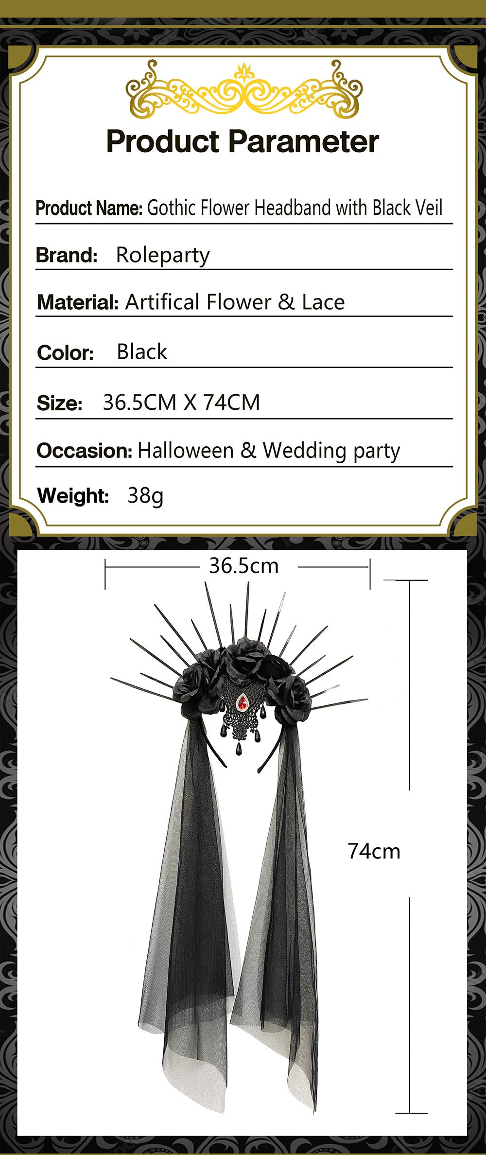 Halloween Wedding Dress Veil Headband Gothic Crown Mesh Black Rose Retro European and American Dress