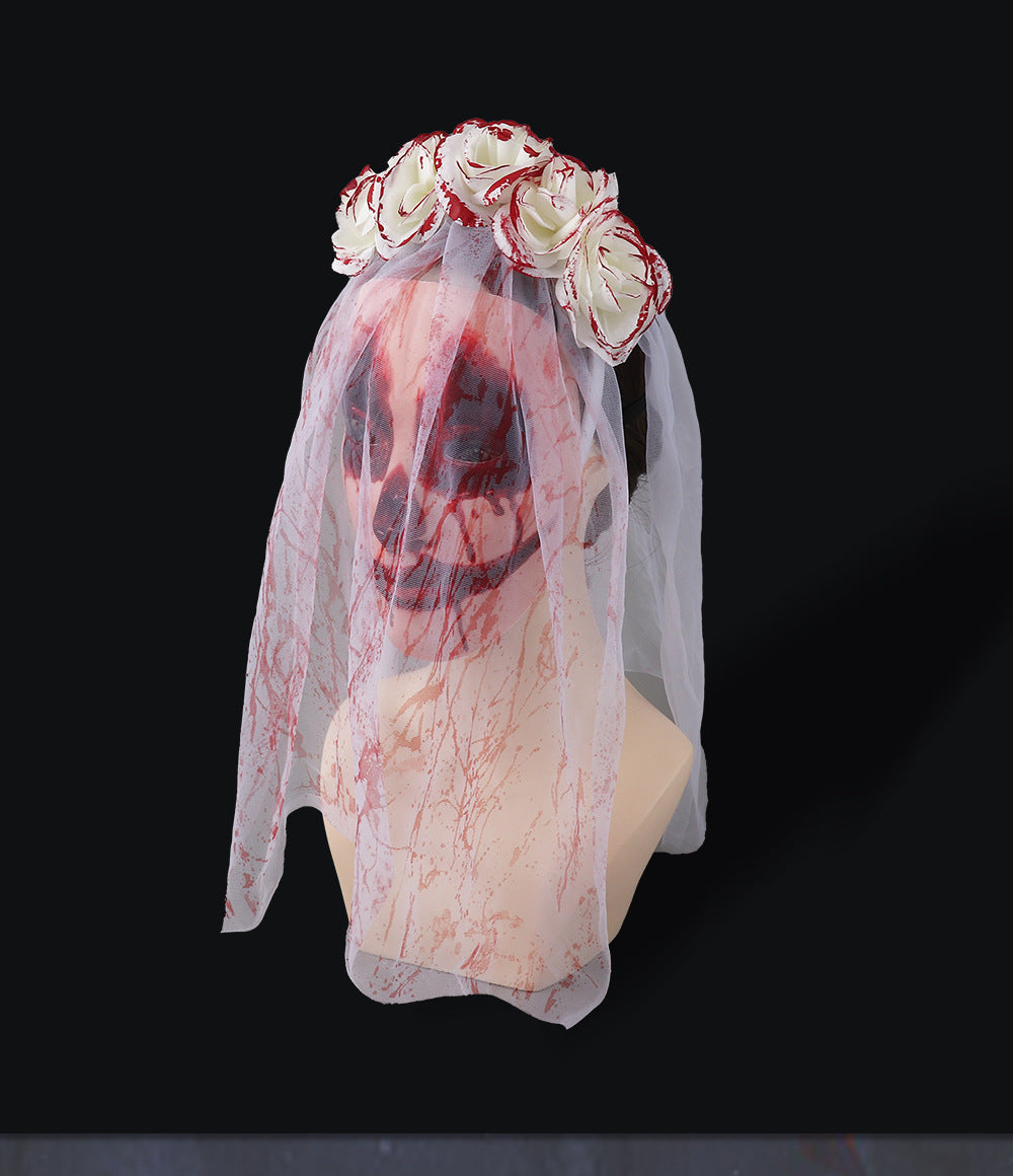 Halloween Bride Veil Vintage Rose Flower gothic Dark Headdress Ghost Bride Set