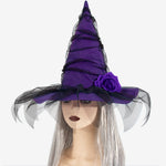 New Halloween Baroque Witch Hat with Mesh and Artificial Flowers, Gothic Queen Cosplay Witch Accessories
