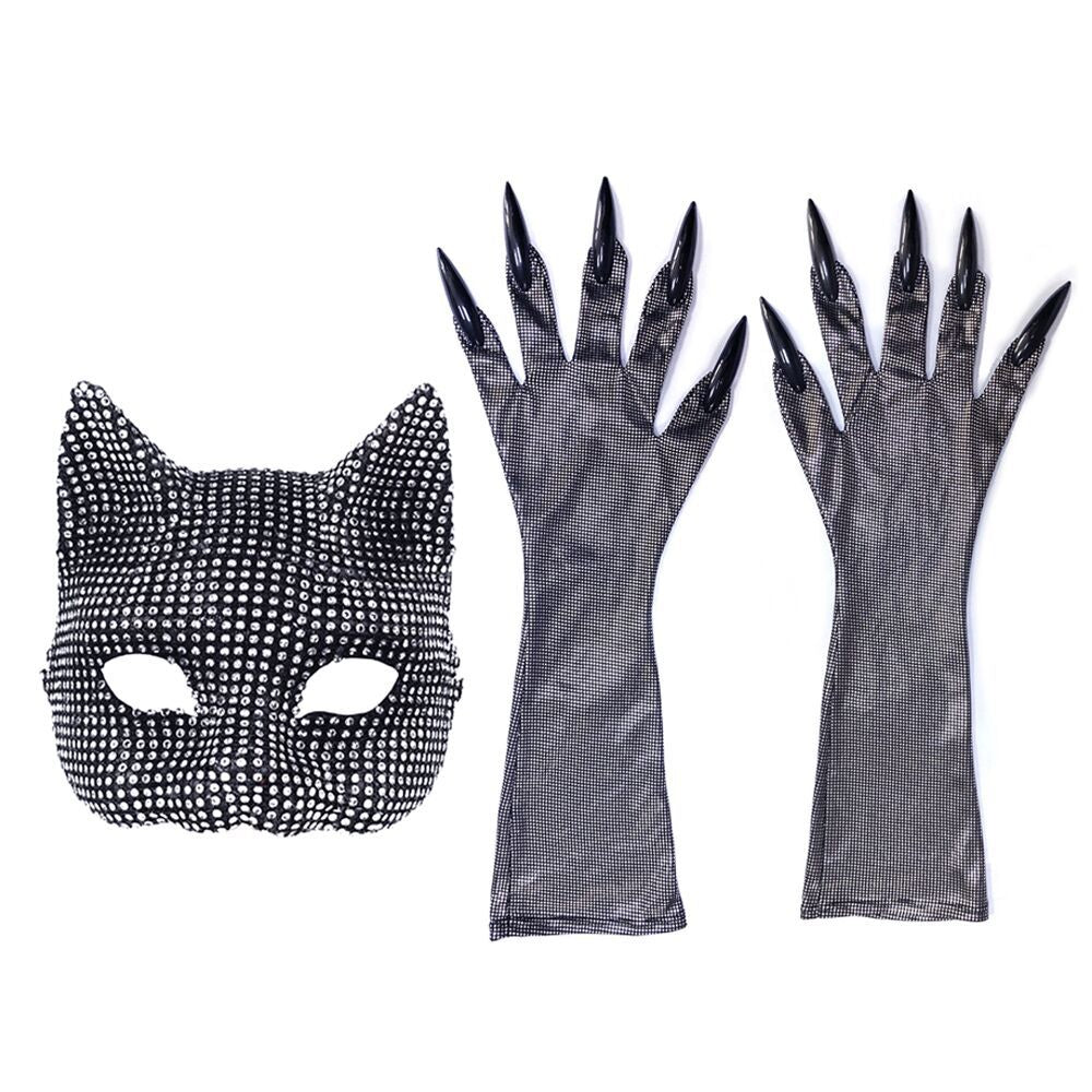 New Halloween Diamond Cat Mask and Gloves Set Diamond-Studded Sexy Cat Girl Costume Party Props