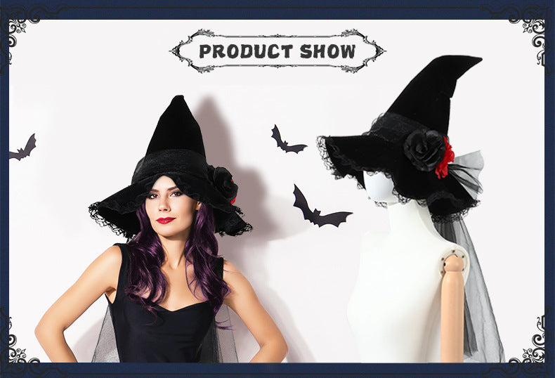 New Halloween Baroque Witch Hat Mesh Artificial Flower Costume Accessory Gothic Queen Prop Witch Hat