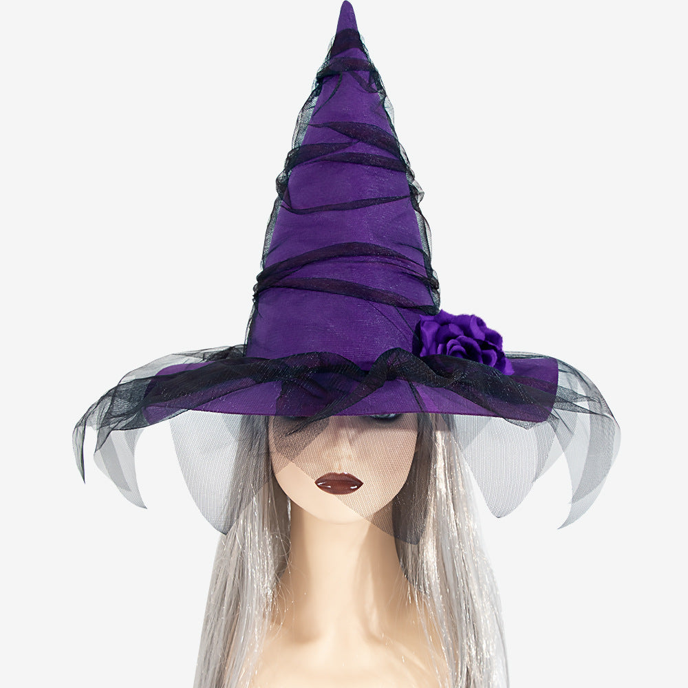 New Halloween Baroque Witch Hat with Mesh and Artificial Flowers, Gothic Queen Cosplay Witch Accessories