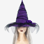 New Halloween Baroque Witch Hat with Mesh and Artificial Flowers, Gothic Queen Cosplay Witch Accessories