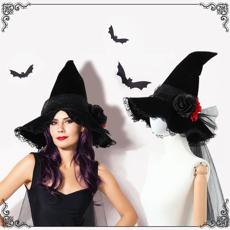 New Halloween Baroque Witch Hat Mesh Artificial Flower Costume Accessory Gothic Queen Prop Witch Hat