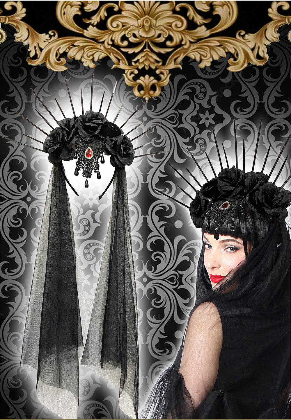 Halloween Wedding Dress Veil Headband Gothic Crown Mesh Black Rose Retro European and American Dress