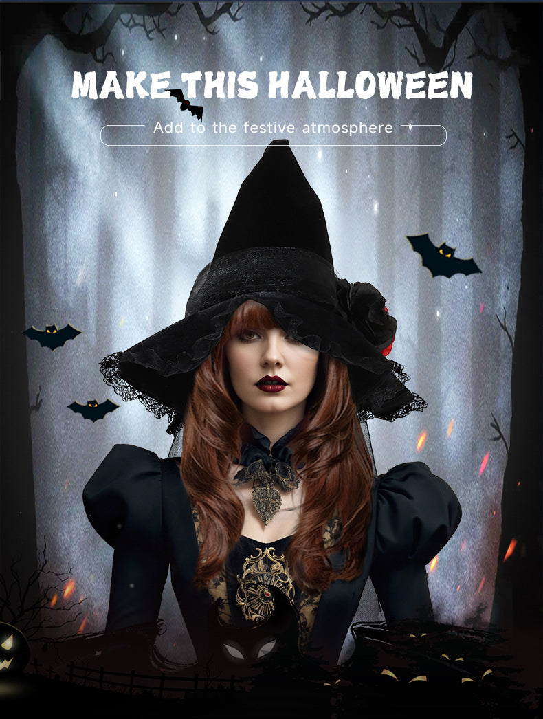 New Halloween Baroque Witch Hat Mesh Artificial Flower Costume Accessory Gothic Queen Prop Witch Hat