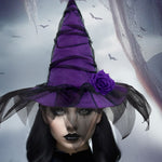 New Halloween Baroque Witch Hat with Mesh and Artificial Flowers, Gothic Queen Cosplay Witch Accessories