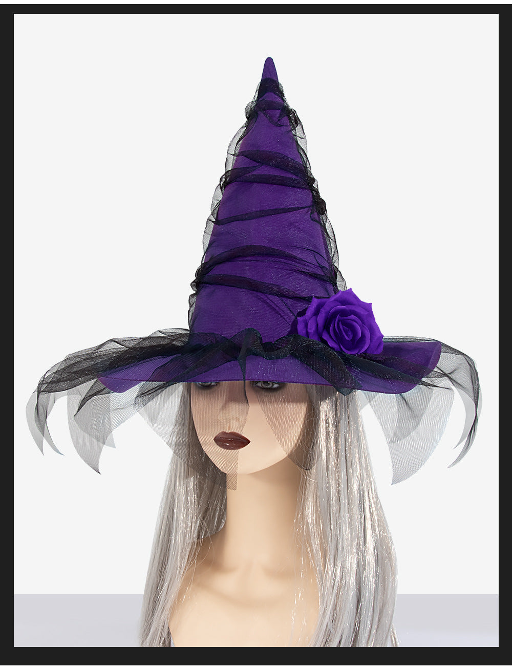 New Halloween Baroque Witch Hat with Mesh and Artificial Flowers, Gothic Queen Cosplay Witch Accessories