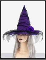 New Halloween Baroque Witch Hat with Mesh and Artificial Flowers, Gothic Queen Cosplay Witch Accessories