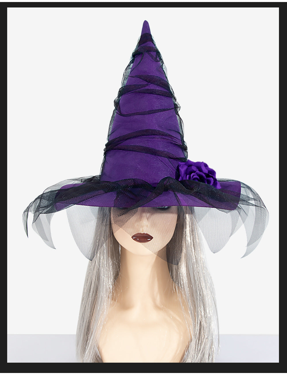 New Halloween Baroque Witch Hat with Mesh and Artificial Flowers, Gothic Queen Cosplay Witch Accessories