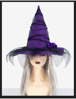New Halloween Baroque Witch Hat with Mesh and Artificial Flowers, Gothic Queen Cosplay Witch Accessories