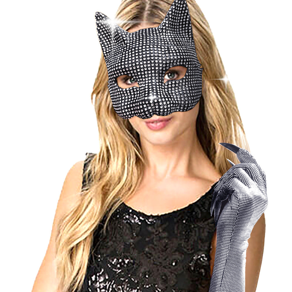 New Halloween Diamond Cat Mask and Gloves Set Diamond-Studded Sexy Cat Girl Costume Party Props