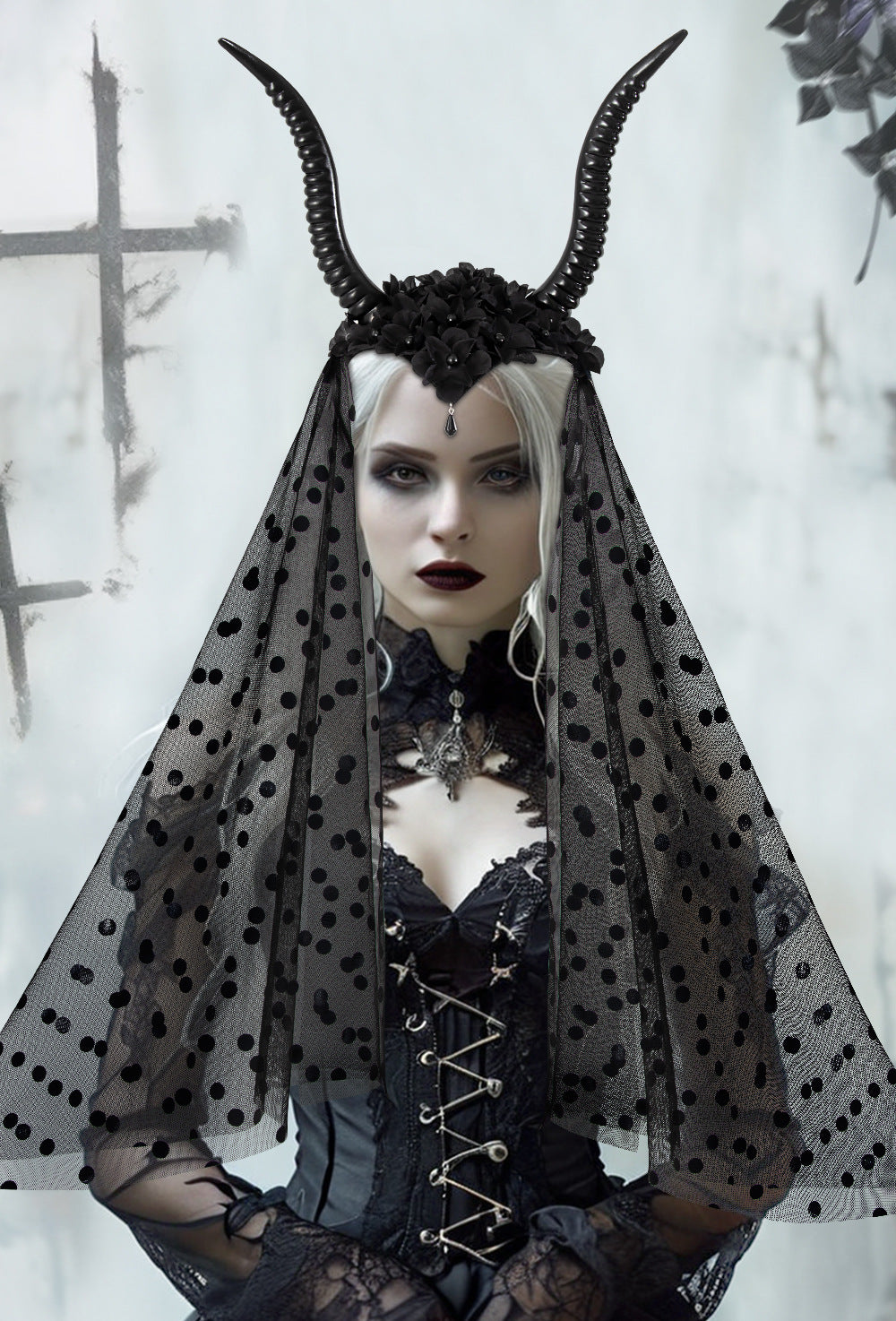 Halloween Gothic Queen Dark Horn Mesh Headband Party Ball Performance Costume Festival Hair Accessory Prop