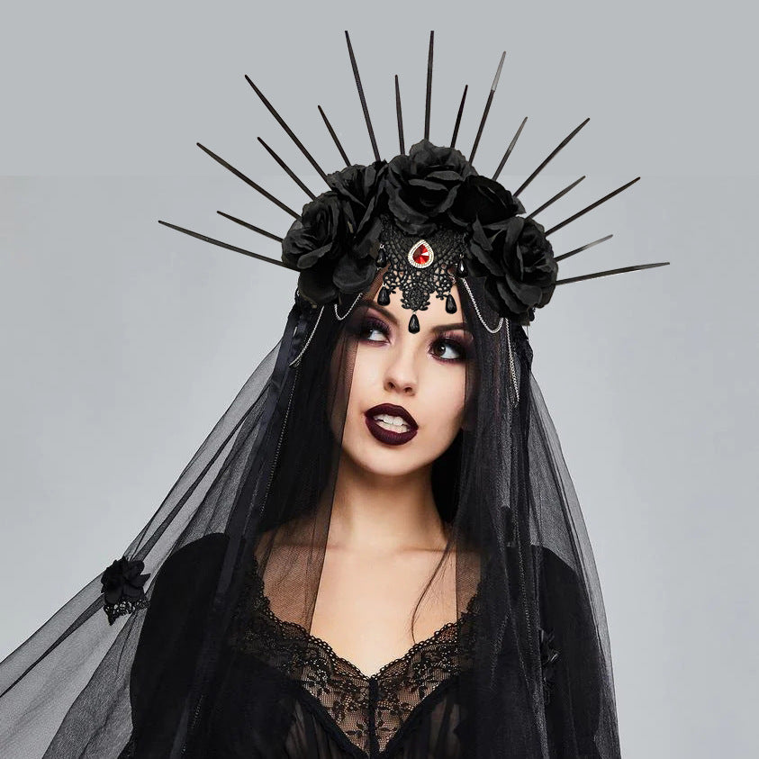 Halloween Wedding Dress Veil Headband Gothic Crown Mesh Black Rose Retro European and American Dress
