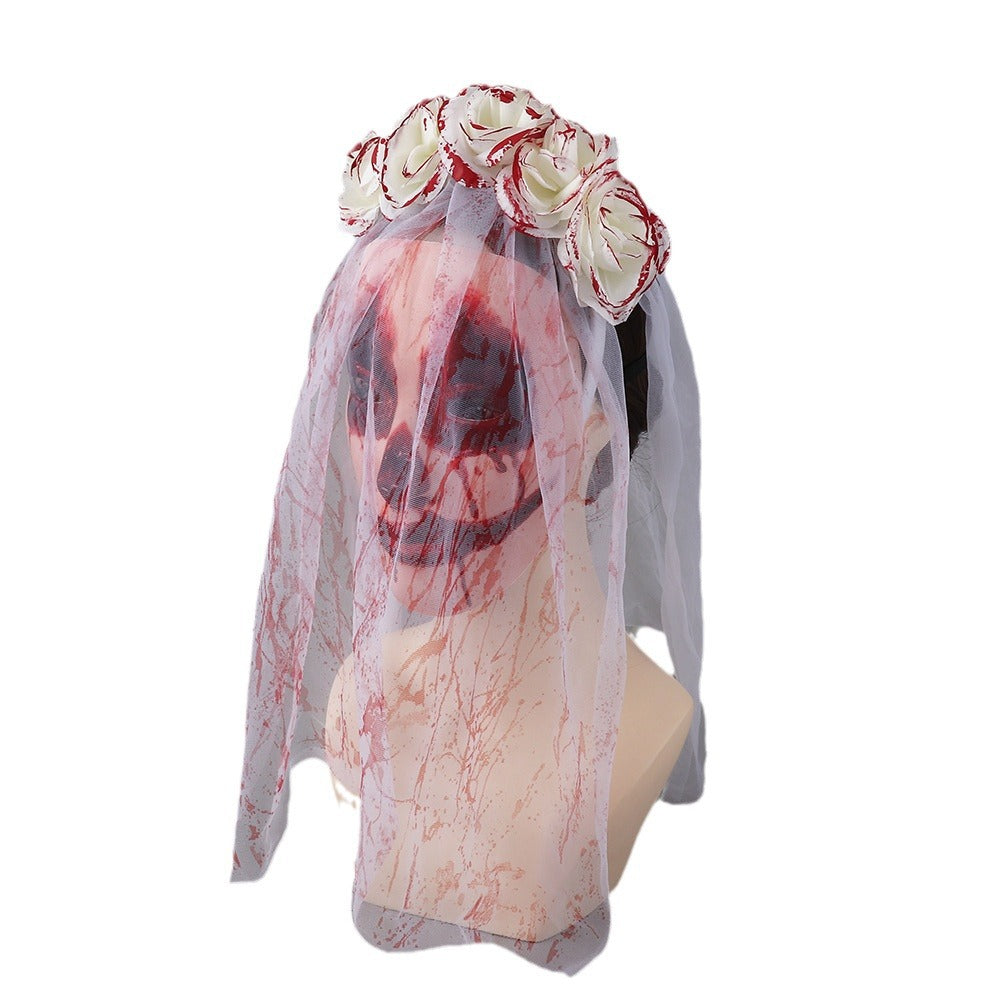 Halloween Bride Veil Vintage Rose Flower gothic Dark Headdress Ghost Bride Set