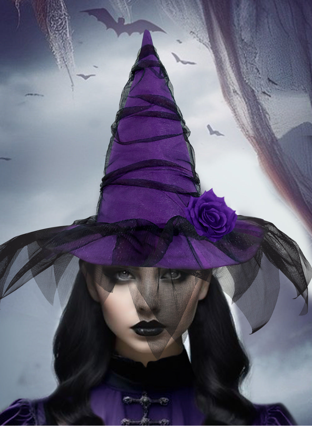 New Halloween Baroque Witch Hat with Mesh and Artificial Flowers, Gothic Queen Cosplay Witch Accessories