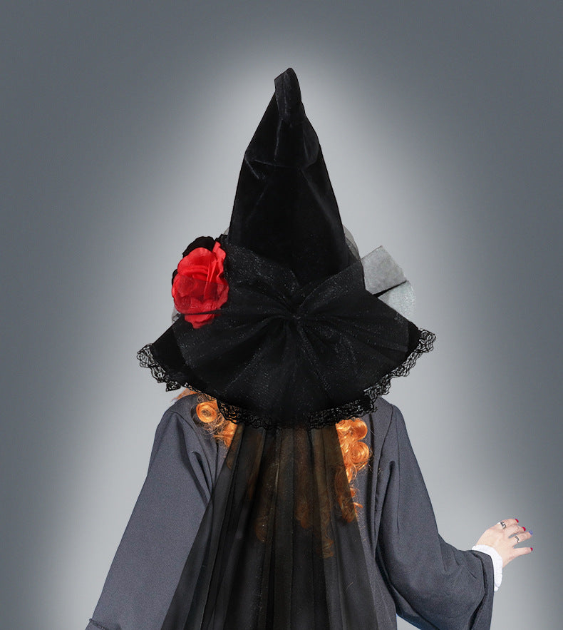 New Halloween Baroque Witch Hat Mesh Artificial Flower Costume Accessory Gothic Queen Prop Witch Hat