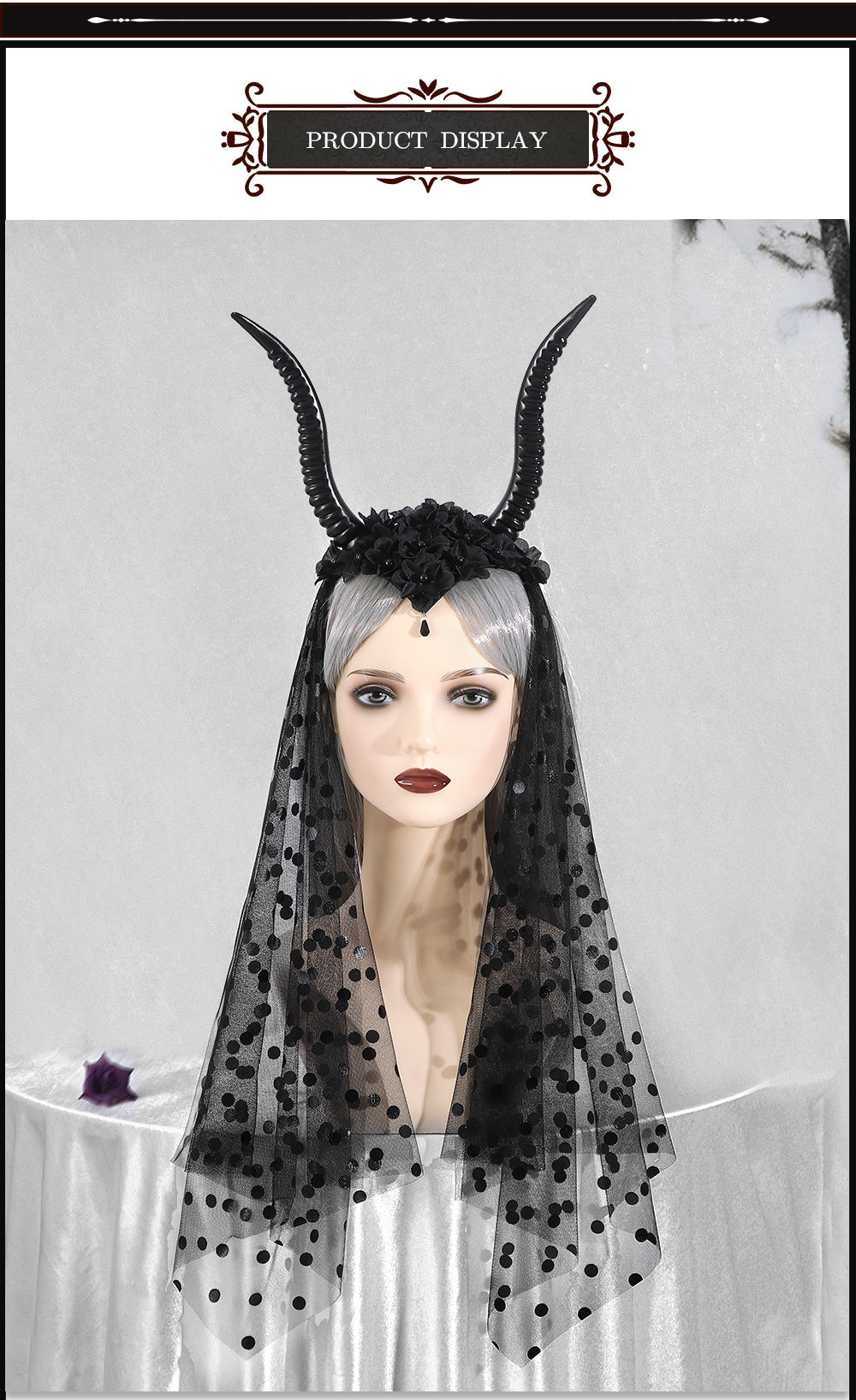 Halloween Gothic Queen Dark Horn Mesh Headband Party Ball Performance Costume Festival Hair Accessory Prop