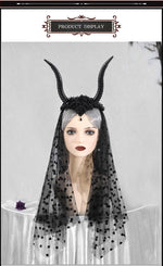 Halloween Gothic Queen Dark Horn Mesh Headband Party Ball Performance Costume Festival Hair Accessory Prop