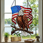 American Eagle Acrylic Stained Glass Suncatcher, Patriotic Flag Window Hanging, 4th of July Decor Gift for Veteran Dad