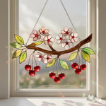 Cherry Blossom Stained Glass Suncatcher, Red Cherry Branch Window Hanging Decor, Botanical Sakura Art, Nature Lover Gift
