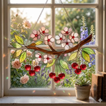 Cherry Blossom Stained Glass Suncatcher, Red Cherry Branch Window Hanging Decor, Botanical Sakura Art, Nature Lover Gift