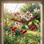 Cherry Blossom Stained Glass Suncatcher, Red Cherry Branch Window Hanging Decor, Botanical Sakura Art, Nature Lover Gift