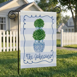 Custom Family Name Garden Flag, Topiary Chinoiserie Yard Banner, Blue White Stripe Outdoor Decor, Personalized Housewarming Gift, Patio Sign