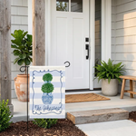 Custom Family Name Garden Flag, Topiary Chinoiserie Yard Banner, Blue White Stripe Outdoor Decor, Personalized Housewarming Gift, Patio Sign