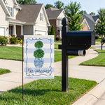 Custom Family Name Garden Flag, Topiary Chinoiserie Yard Banner, Blue White Stripe Outdoor Decor, Personalized Housewarming Gift, Patio Sign