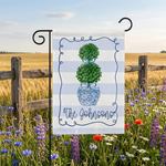 Custom Family Name Garden Flag, Topiary Chinoiserie Yard Banner, Blue White Stripe Outdoor Decor, Personalized Housewarming Gift, Patio Sign