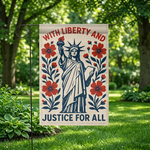 Liberty and Justice For All Garden Flag, Statue of Liberty Yard Sign, Patriotic Americana Floral Decor, 4th of July Outdoor Sign