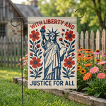 Liberty and Justice For All Garden Flag, Statue of Liberty Yard Sign, Patriotic Americana Floral Decor, 4th of July Outdoor Sign