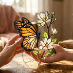 Monarch Butterfly Magnolia Acrylic Suncatcher, Stained Glass Style Butterfly Window Hanging, Floral Nature Decor, Butterfly Lover Gift