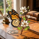 Monarch Butterfly Magnolia Acrylic Suncatcher, Stained Glass Style Butterfly Window Hanging, Floral Nature Decor, Butterfly Lover Gift