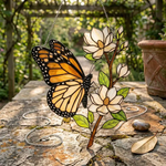 Monarch Butterfly Magnolia Acrylic Suncatcher, Stained Glass Style Butterfly Window Hanging, Floral Nature Decor, Butterfly Lover Gift