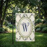 Personalized Monogram Garden Flag, Custom Letter Yard Banner, Floral Laurel Wreath Outdoor Decor, Blue Hydrangea Spring Summer Sign