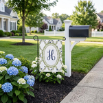 Personalized Monogram Garden Flag, Custom Letter Yard Banner, Floral Laurel Wreath Outdoor Decor, Blue Hydrangea Spring Summer Sign