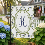 Personalized Monogram Garden Flag, Custom Letter Yard Banner, Floral Laurel Wreath Outdoor Decor, Blue Hydrangea Spring Summer Sign