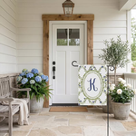 Personalized Monogram Garden Flag, Custom Letter Yard Banner, Floral Laurel Wreath Outdoor Decor, Blue Hydrangea Spring Summer Sign