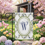Personalized Monogram Garden Flag, Custom Letter Yard Banner, Floral Laurel Wreath Outdoor Decor, Blue Hydrangea Spring Summer Sign