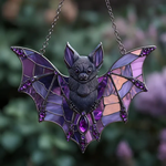 Purple Floral Bat Acrylic Suncatcher – Gothic Faux Stained Glass Window Hanging With Crescent Wings, Witchy Halloween Decor Gift