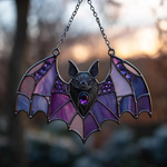 Purple Floral Bat Acrylic Suncatcher – Gothic Faux Stained Glass Window Hanging With Crescent Wings, Witchy Halloween Decor Gift