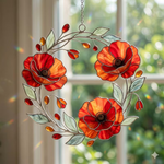 Red Poppy Stained Acrylic Suncatcher, Poppy Flower Wreath Window Hanging, Botanical Sun Catcher Decor, Garden Lover Gift