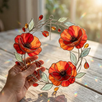 Red Poppy Stained Acrylic Suncatcher, Poppy Flower Wreath Window Hanging, Botanical Sun Catcher Decor, Garden Lover Gift
