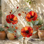 Red Poppy Stained Acrylic Suncatcher, Poppy Flower Wreath Window Hanging, Botanical Sun Catcher Decor, Garden Lover Gift