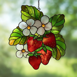 Strawberry Branch Acrylic Glass Suncatcher, Strawberry Floral Window Hanging, Housewarming Gift, Gift For Berry Lover, Strawberry Gift