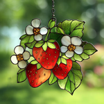 Strawberry Branch Acrylic Glass Suncatcher, Strawberry Floral Window Hanging, Housewarming Gift, Gift For Berry Lover, Strawberry Gift